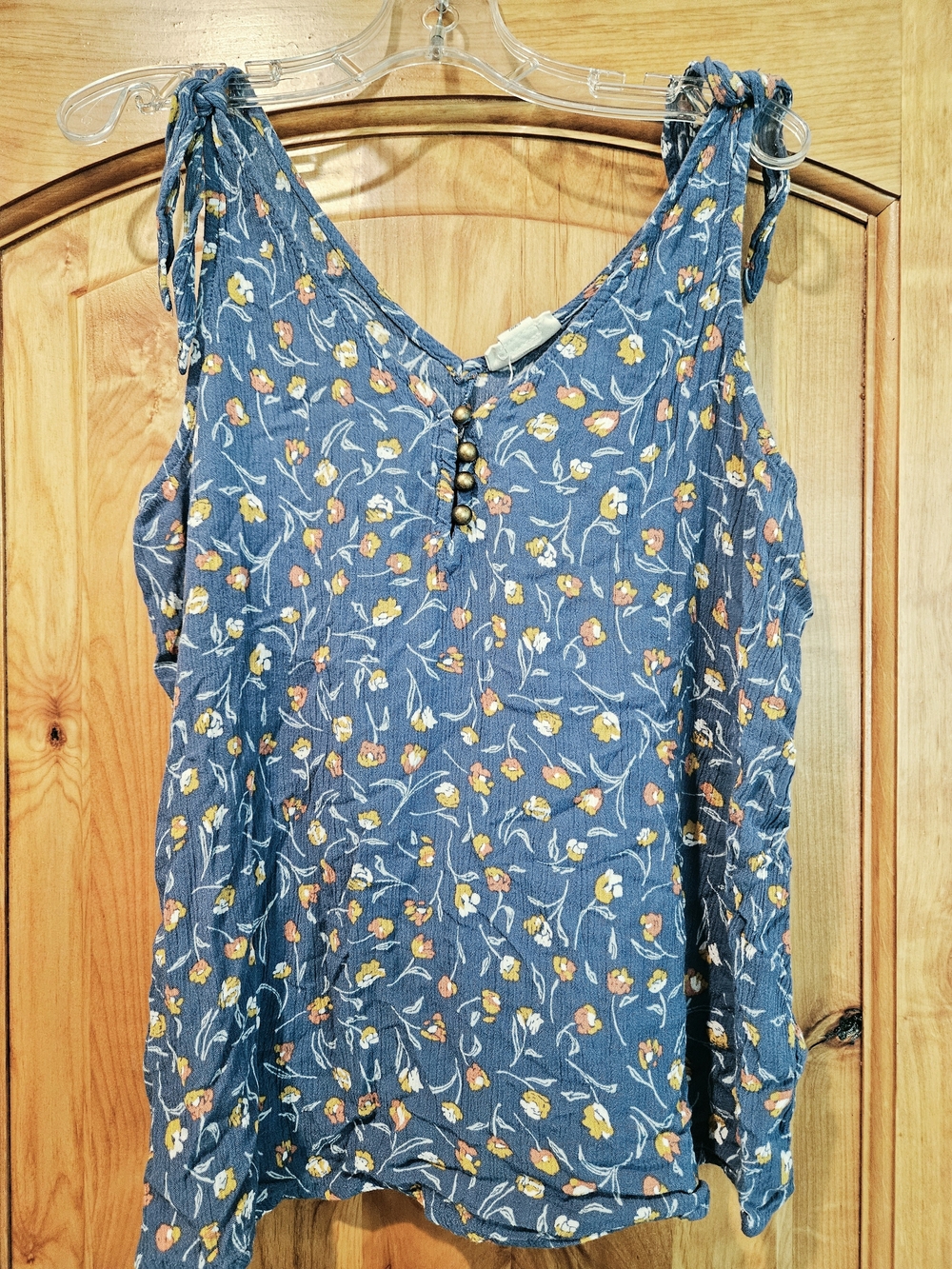 ANA A New Approach Floral Tie Strap Tank Top Blue Boho Sleeveless Blouse Small